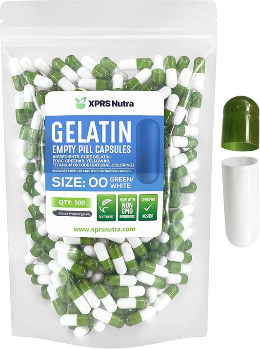XPRS Nutra Size 00 Empty Capsules - 500 Count Empty Gelatin Capsules - Empty Pill Capsules - DIY Capsule Filling - Fillable Pill Capsules Empty Gel Caps (Green/White)