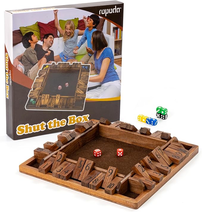 ropoda 12 Inches 4-Way Shut The Box Dice Board Game (2-4 Players) for Kids & Adults [4 Sided Large Wooden Board Game, 8 Dice + Shut-The-Box Rules] Smart Game for Learning Addition
