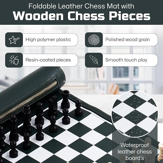 Roll Up Chess Set - 11" Foldable Leather Chess Mat with Wooden Chess Pieces - Portable Travel Chess Set with Straps - Perfect Chess Game for Airplane, Camping, and More (Green)