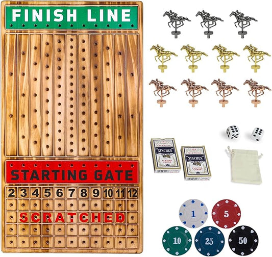 Large 21 inches Horse Racing Board Game with 11 Luxury Metal Horses Thickened Wood Horse Race Game Board with 2 Sets of Dice,2 Boxes of Cards and 100 Poker Chips for Parties and Gambling