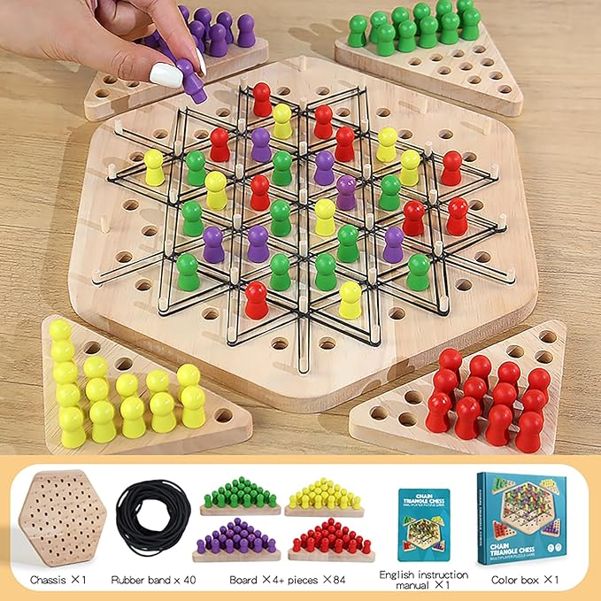Chain Triangle Chess Game Wooden, Triggle Game for Kids and Adults, Multiplayer Puzzle Game, 2 to 4 Players