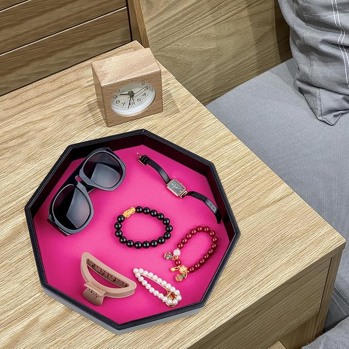 Dice Rolling Tray, Pink Felt Lined PU Leather Octagon Dice Tray for Dungeon Crawler Games