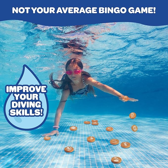 Pool Bingo Diving Game for Kids- Summer Party Fun Edition- Dive for & Call 30 Sinking Tropical Themed "Numbers", Fill Your Card- 150 Marker Chips 16 Double Sided Waterproof Play Cards, Toy Storage Bag