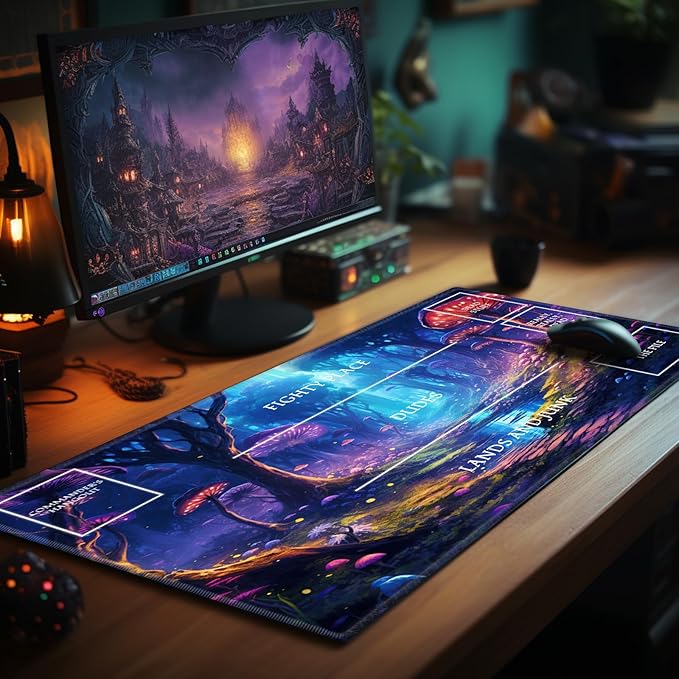 Playmat with Zones for MTG Card Game Playing, 24"x14" Commander Deck Gaming Desk Duel Mat for Beginner, Glowing Forest Mushroom