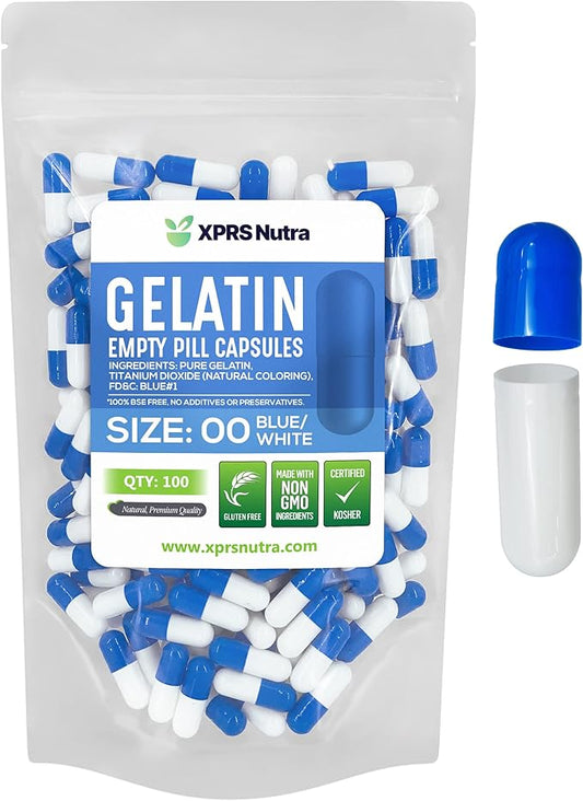 XPRS Nutra Size 00 Empty Capsules - 100 Count Empty Gelatin Capsules - Pills DIY Capsule Filling - Fillable Pill Gel Caps for Supplements (Blue/White)