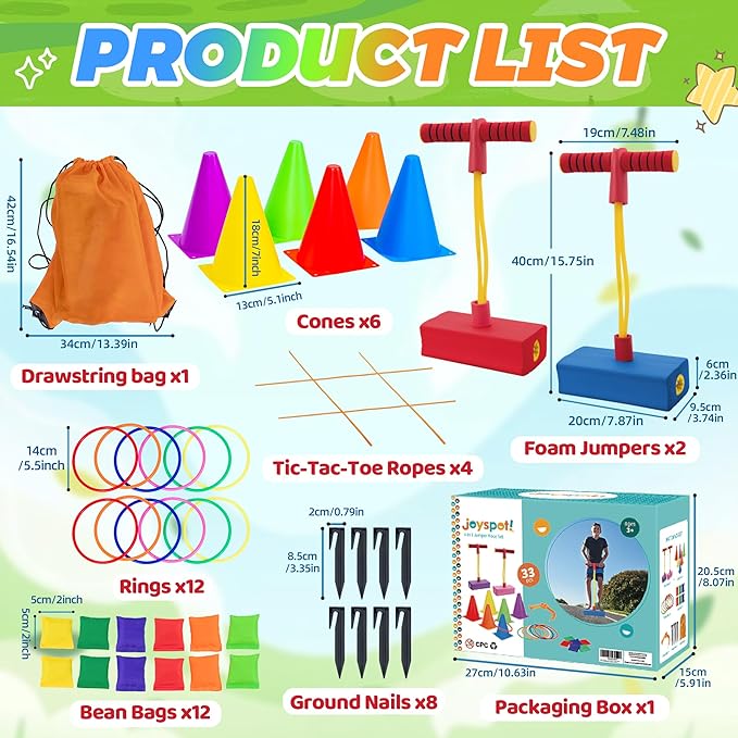 50PCS 6-in-1 Carnival Outdoor Game Combo for Kids, Foam Pogo Jumper, Giant Tic Tac Toe, Soft Plastic Cones Bean Bags Ring Toss Game, Perfect for Birthday Parties, Family Reunions, Field Days Yard Play