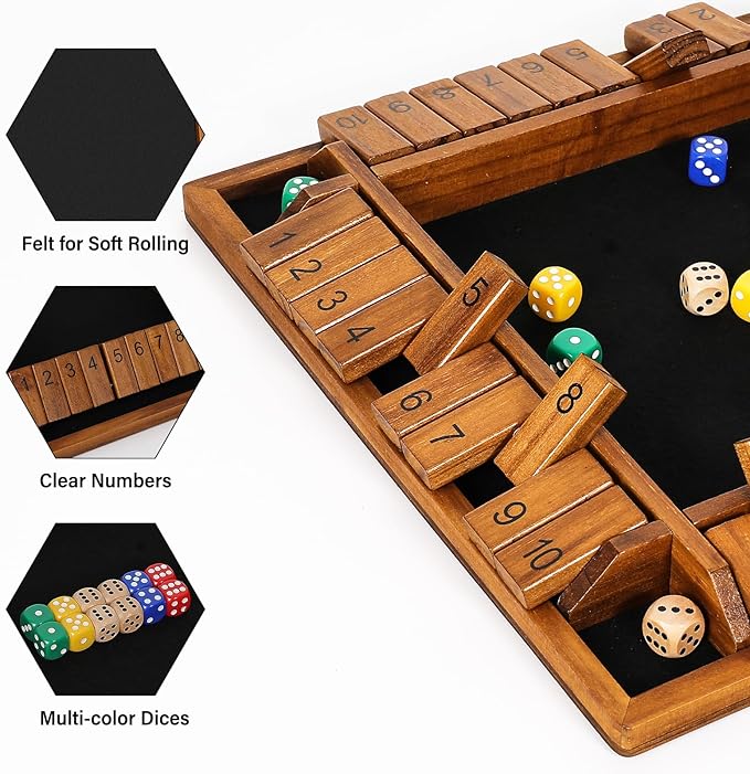 Vamslove 12 inches Shut The Box Dice Game Wooden Board Table Math Game with 8+4 Dice for 2-4 Player, 4 Sided 10 Numbers Close The Box for Kids Adults(Instructions Included)