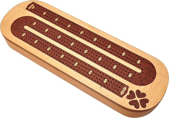 PALM ROYAL HANDICRAFTS 4 Track Wooden Cribbage Board Set Inlaid in Rosewood and Maplewood with pegs and Cards. Storage Available. 4 Player Cribbage Board (15 x 5 Inches)