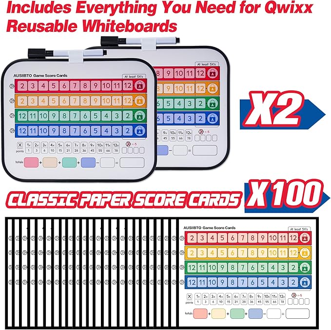 ASUTIIBO Replacement Score Cards Set for Qwixx，Includes 2 Game Boards，6 Game Dice,2 Dice Game Score Sheets and 1 Game Manual