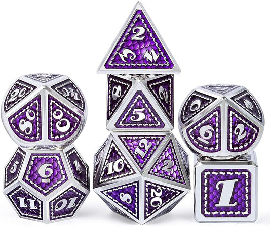 DNDND Metal Dice Set, 7 Pieces Polyhedral Dragon Scale Metallic Die with Gift Metal Case for Dungeons & Dragons D&D (Purple with Silver Edge)