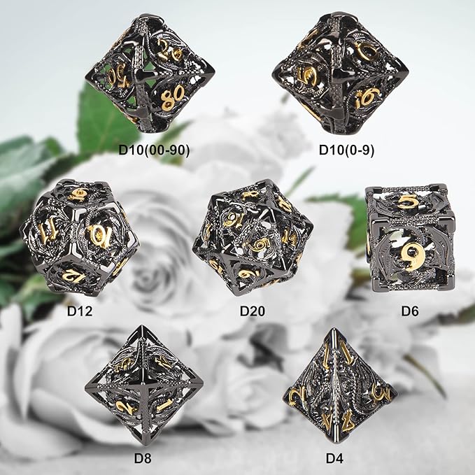DND Dice,Hollow D&D Metal Dice,Dungeons and Dragons Dice Set with Gift Box,7 PCs Steampunk Polyhedral Dice Games Set for RPG,MTG,Pathfinder, (Dragon Black Golden)