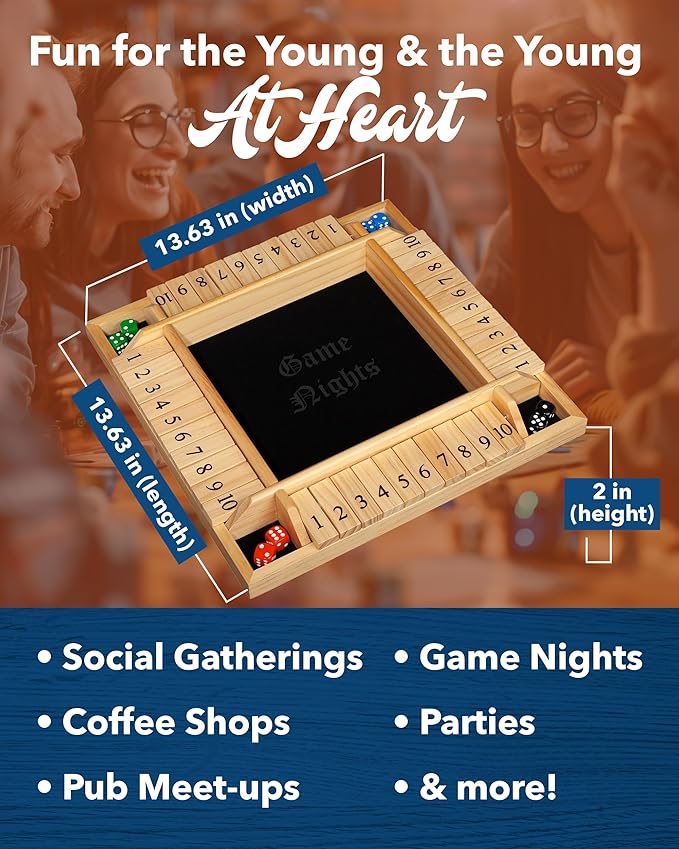 WE Games Wooden Shut The Box Game 4 Player - 10 Number Tiles & 8 Dice - Large 14-Inch, Natural Wood Finish