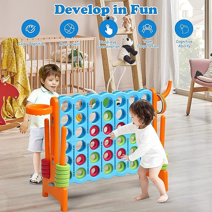 Giant 4 in a Row Connect Game, Jumbo 4 to Score Game Set w/ 42 Chess Rings, Basketball & Hoop, Toss Rings & Quick-Release Lever, Indoor & Outdoor Family Party Game for Kids & Adults