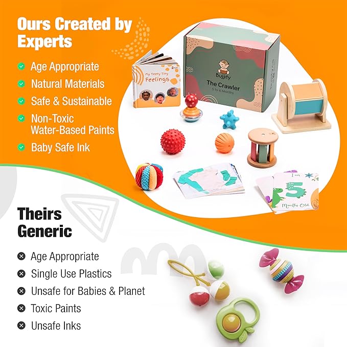 Montessori Toy Set 5-6 Months Infant Toys - Tummy Time Activity Wooden Spinning Drum, Sensory Balls Set, Texture Ball, Flash Cards, Baby Emotions Board Book, Newborn Gifts Basket