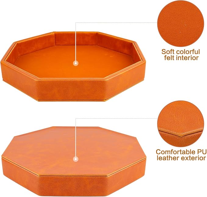 Dice Rolling Tray, Felt Lined PU Leather Octagon Dice Tray for Dungeon Crawler Games, Brown