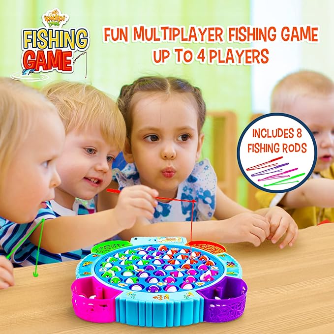 IPIDIPI TOYS Fishing Game for Kids - Magnetic Fishing Set for Toddlers - Rotating Fish Board with Music, Educational, Fine Motor Skill Activity for Boys and Girls - 45 Fish, 8 Poles