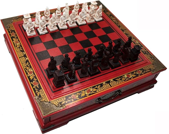 Retro Terracotta Warriors Chess Set for Kids and Adults Classic Family Board Game with Folding Wooden Chessboard 3D Resin Chess Pieces and Storage Slots (10.23×10.23 inch)