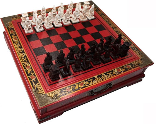 Retro Terracotta Warriors Chess Set for Kids and Adults Classic Family Board Game with Folding Wooden Chessboard 3D Resin Chess Pieces and Storage Slots (10.23×10.23 inch)