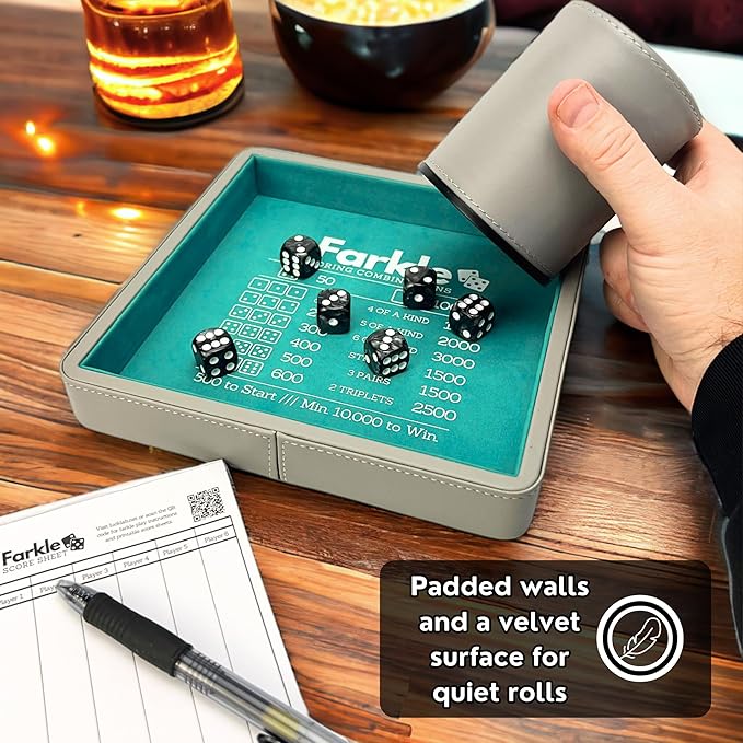 Luck Lab Farkle Dice Tray and Storage Case - Includes Embedded Scoring Combinations, 2 Sets of 6 Pearl Dice, 40 Sheet Score Pad and Pen Holder for The Classic Family Game (Grey and Turquoise)