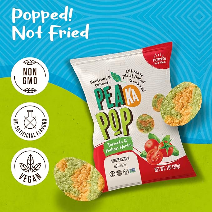 PeaKaPop Veggie Chips – Plant-Based, Healthy Veggie Crisps with Pea, Lentil & Chickpea Protein – Vegan, Gluten-Free, Popped Chips – Snack Size for Kids & Adults – 1 oz Bags (15-Pack) – Tomato & Italian Herbs