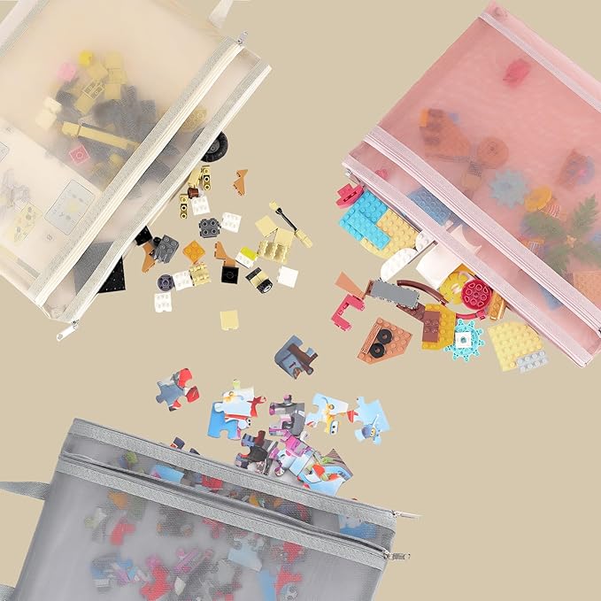 10 Pack Colored Mesh Zipper Pouch Bags, Double-Layer Nylon Puzzle Building Block Sets Toy Storage & Organization, Breathable See Through A4 Zipper Pouch with Handle for School Games