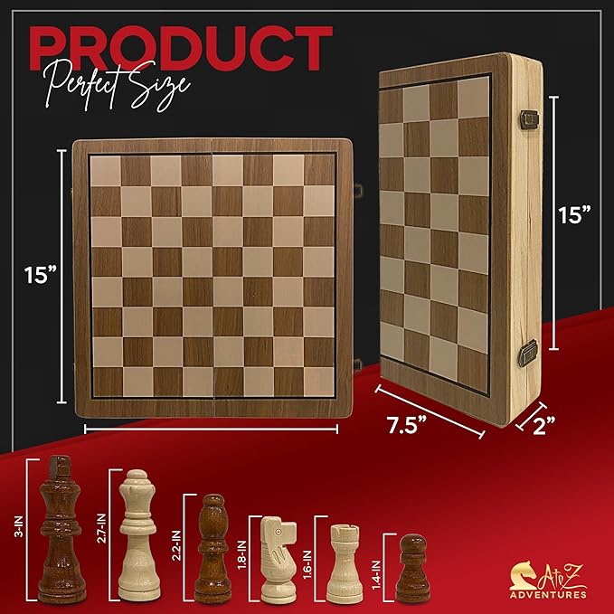 Magnetic Chess and Checkers Game Set - 15" (2 in 1) Folding Wooden Chess Sets for Adults & Kids with 2 Extra Queens | Travel Chess Board Game with Chess Pieces Storage Slots, Luxury Gift with Storage