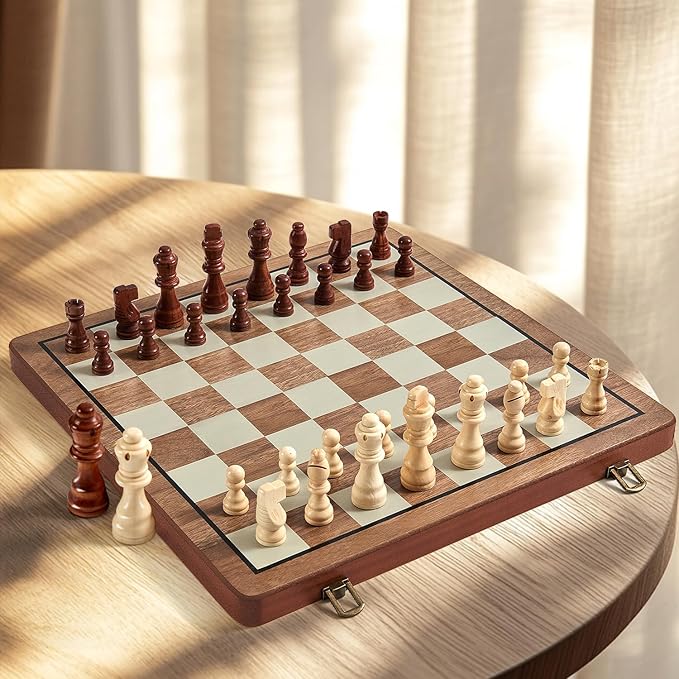 MerryPony Wooden Chess Set for Adults & Kids, 15" Foldable Wooden Chess Board with 2 Extra Queens, 2 in 1 Chess and Checkers Set, Travel Magnetic Chess Game Set, Beginner Chess Set for Kids