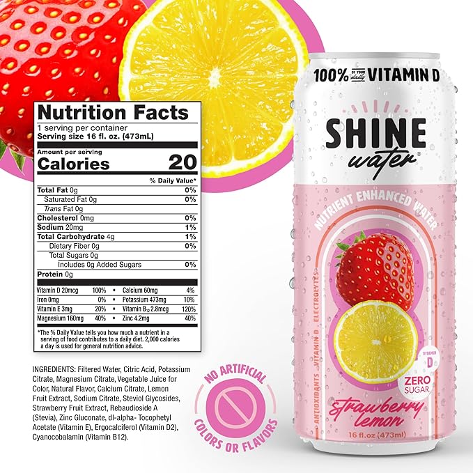 ShineWater Vitamin D Hydration Electrolyte Drink - Flavored water with electrolytes, Sugar-Free, Magnesium, Zinc, Vitamin B12, Plant-Based, Low Calorie - Strawberry Lemon Fruit Water 12 Pack