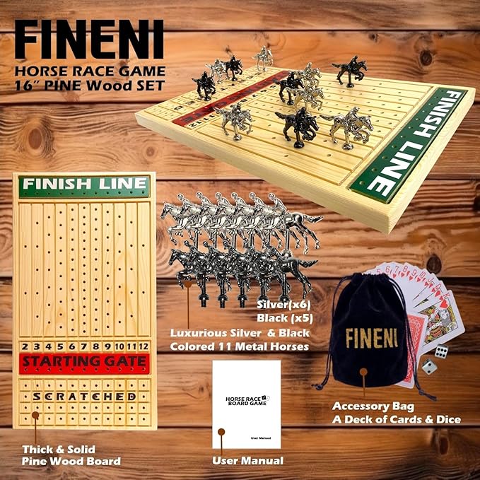 Horse Racing Game for Adults, Luxurious Metal Horses (Silver, Black) on 16' Pine Wood Board, Dice & Card Included
