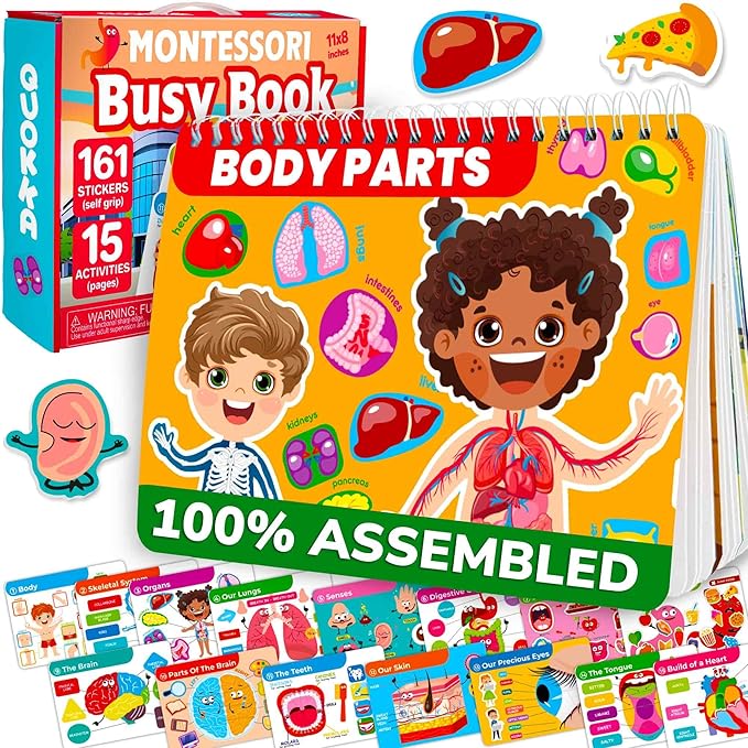 QUOKKA Human Body Busy Books for Kids Ages 4-8 - Fun Human Anatomy Activities for Kids Learning at Home or Classrooms - My Preschool Montessory Busy Book for Toddlers 3-5 I Comes Fully Assembled