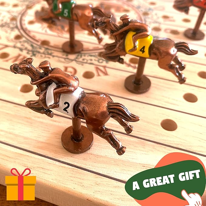 New Metal Horses Race Board Game With 11 Horses, 2 Dice and 2 Card Boxes - Thick Luxurious Wood Chessboard - Adult Party and Family Game Night