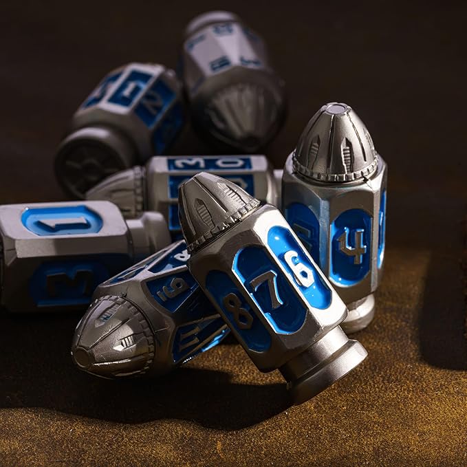 UDIXI Metal DND Bullet Dice Set with Unique Container, 7-Die Solid Metal Polyhedral Dice Set for D&D, Role Playing Game or Other Tabletop Games（Nickel Blue）