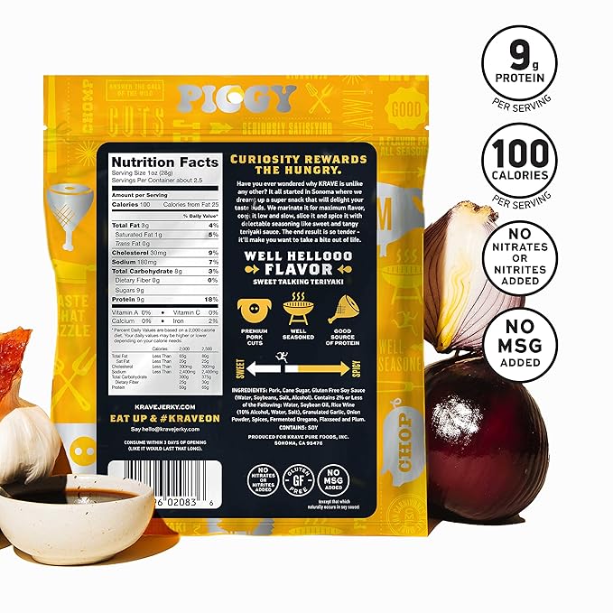 KRAVE All Natural Pork Jerky, Grilled Teriyaki - Protein Packed Snacks Roasted for Maximum Flavor - Premium Tender Meat Cuts - Gluten Free - 2.7 Ounce