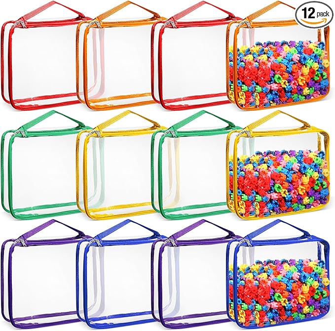 Sanwuta 12 Pcs Extra Large Toy Storage Bags 12.6 x 9 x 2.36 Inch Waterproof Toy Bags with Zipper Clear PVC Puzzles Organizing Container for Books Board Games Building Blocks Toiletry(6 Colors)