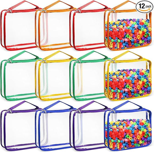 Sanwuta 12 Pcs Extra Large Toy Storage Bags 12.6 x 9 x 2.36 Inch Waterproof Toy Bags with Zipper Clear PVC Puzzles Organizing Container for Books Board Games Building Blocks Toiletry(6 Colors)