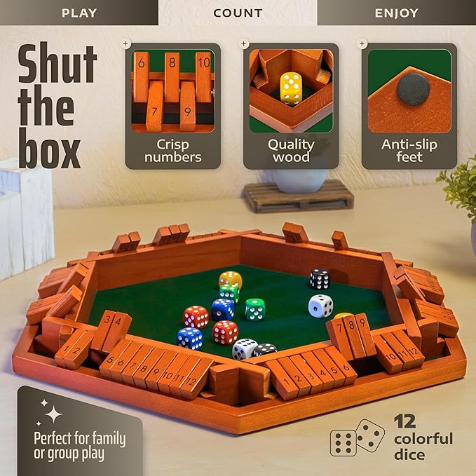 Queensell Shut The Box Game 12 Numbers for 1-6 Players - 16-inch Wooden Board Shut The Box Game 12 Numbers for Adults & Kids - Ideal for Games Night