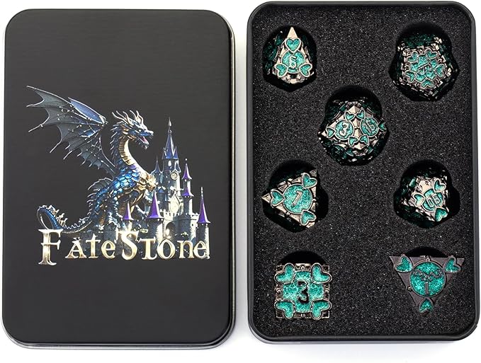 Metal D&D Dice Set, 7 pcs Polyhedral Dice Set with Beautiful Gift Box for Dungeons and Dragons MTR PRG Tabletop Games (Black-Green)