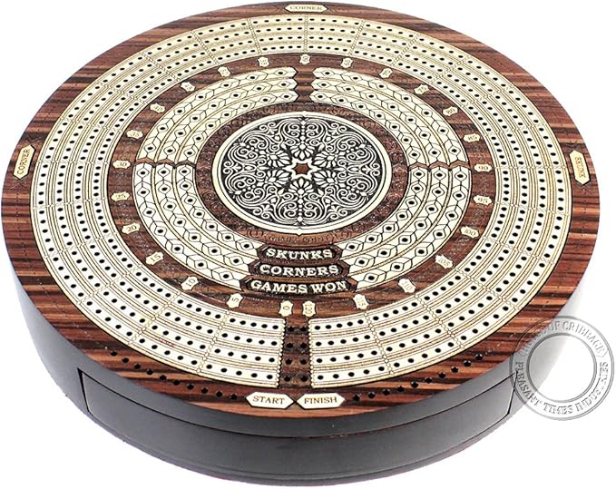 10" Round Shape 4 Tracks Continuous Cribbage Board - Rosewood/Maple - Push Drawer with Score Marking Fields for Skunks, Corners & Won Games