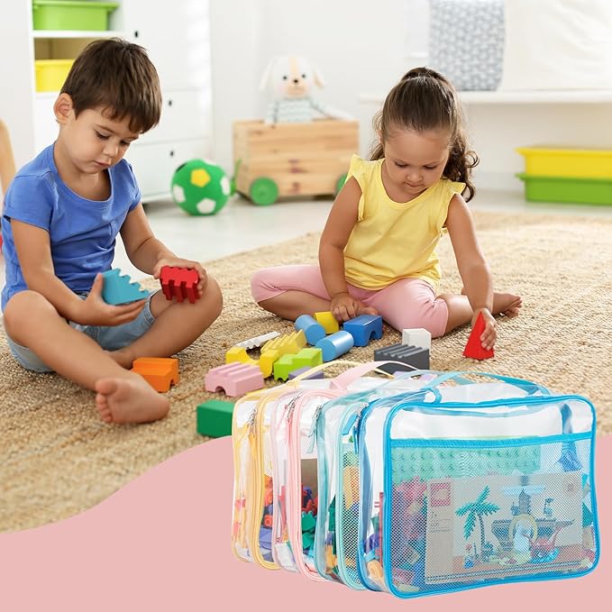 4-Pack PVC Waterproof Toy Storage Bags（Label, 10 Memo Cards), Large 13.8" x 3.2" x 10" Clear Double Zipper Organizing Bags with Handle, Magnetic Tiles Blocks Board game Storage Organizer Case