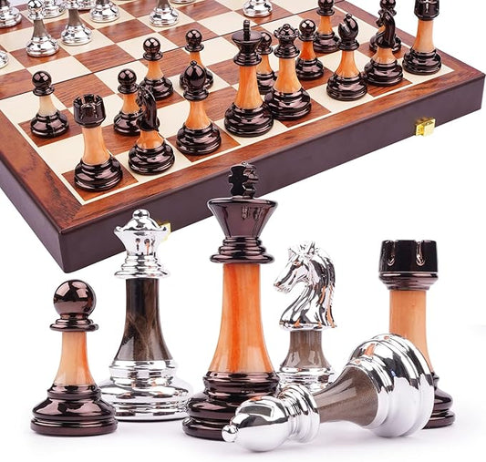 15" Metal Chess Sets for Adults with Zinc Alloy + Acrylic Chess Pieces & Portable Folding Wooden Chess Board Travel Chess Set Board Game Gift – Elegant Metal Chessmen & Storage Box
