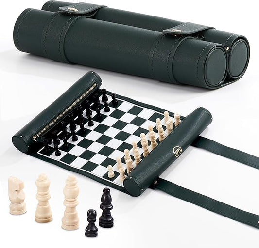Roll Up Chess Set - 11" Foldable Leather Chess Mat with Wooden Chess Pieces - Portable Travel Chess Set with Straps - Perfect Chess Game for Airplane, Camping, and More (Green)