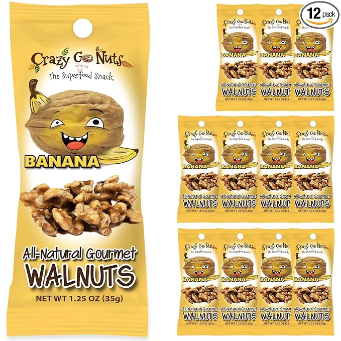 Crazy Go Nuts Walnuts - Banana, 1.25 oz (12-Pack) - Healthy Snacks, Vegan, Gluten Free, Superfood - Natural, Non-GMO, ALA, Omega 3 Fatty Acids, Good Fats, and Antioxidants