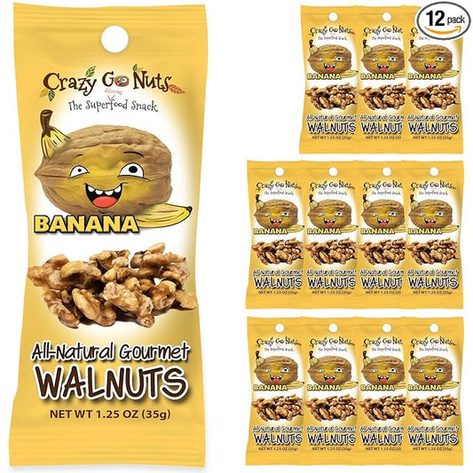 Crazy Go Nuts Walnuts - Banana, 1.25 oz (12-Pack) - Healthy Snacks, Vegan, Gluten Free, Superfood - Natural, Non-GMO, ALA, Omega 3 Fatty Acids, Good Fats, and Antioxidants
