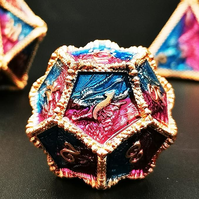 HAOMEJA DND Dice Metal Dragon Set Dice 7 Role Playing Dice D&D Solid Dice Dungeons and Dragons (Red Copper Blue Purple)