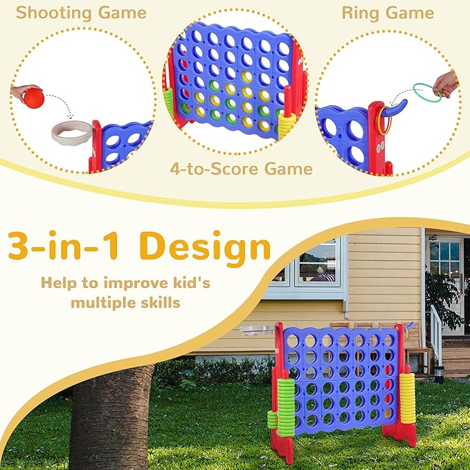 Giant 4-in-A-Row Connect Game Outdoor, Jumbo 4-to-Score Yard Games for Kids and Adults with Basketball Hoop Outdoor Party Family Holiday Games with 42 Rings & Quick-Release Slider