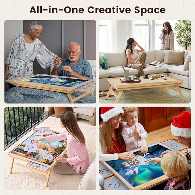 1500 Pieces Wooden Jigsaw Puzzle Board with Foldable Legs, 35"x26.8" Table with 4 Drawers and Protective Cover, Large Wood Folding Jigsaw Puzzle Table for Adults and Teens, Nature