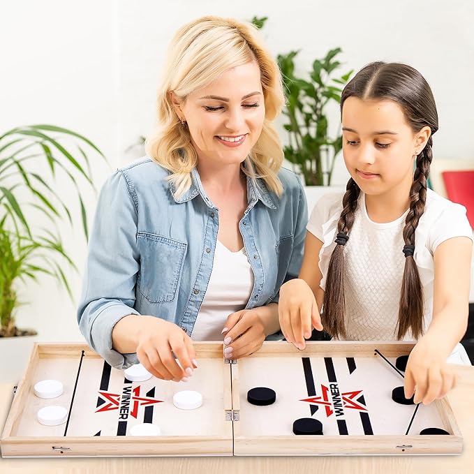 Foldable Large Fast Sling Puck Game, 22.8" Fast Paced Wooden Hockey Slingshot Battle Games Toy for Adults Child, Table Desktop Battle Table Game, Family Party Foosball Winner Board Games Kid Toys