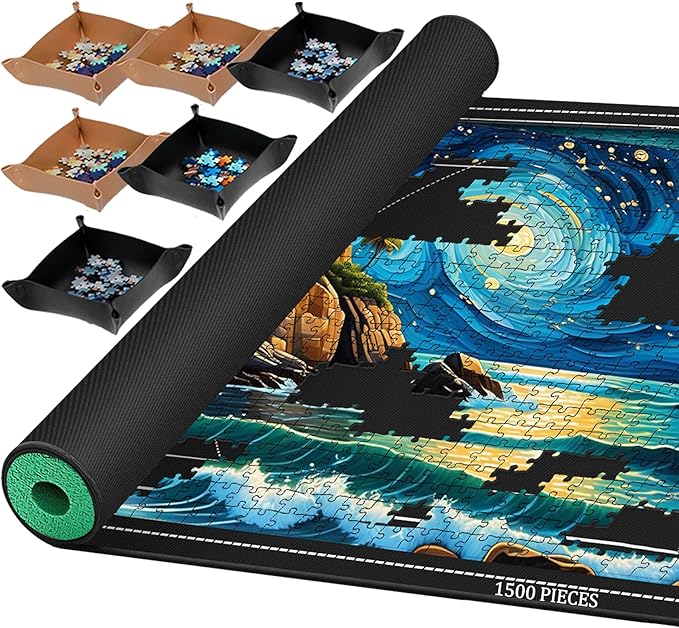 Jigsaw Puzzle Mat Roll Up, Portable Saver Pad 43” x 26” Up to 1500 Pieces, Puzzles Matt Rollup with Non-Slip Rubber Bottom & Smooth Top. (6 Puzzle Sorting Trays & 1 Storage Bag)