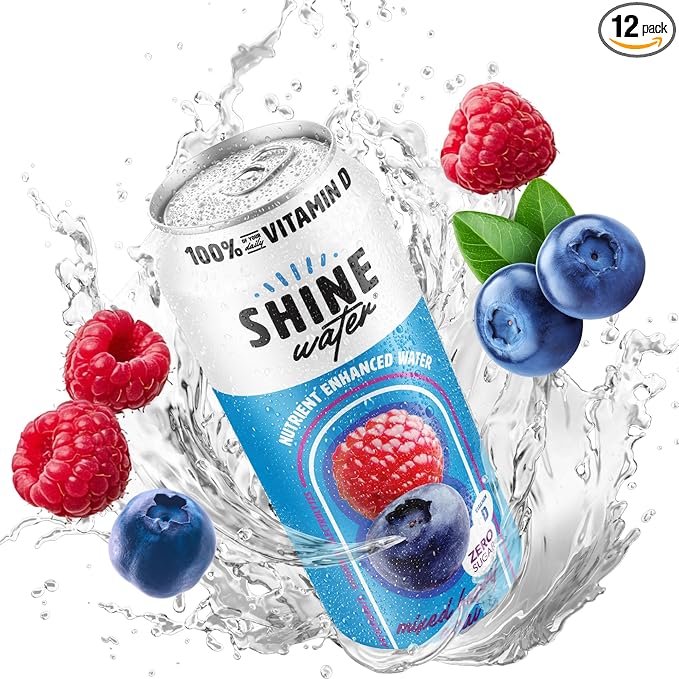 ShineWater Vitamin D Hydration Electrolyte Drink - Flavored water with electrolytes, Sugar-Free, Magnesium, Zinc, Vitamin B12, Folic Acid, Plant-Based, Low Calorie - Mixed Berry Fruit Water 12 Pack