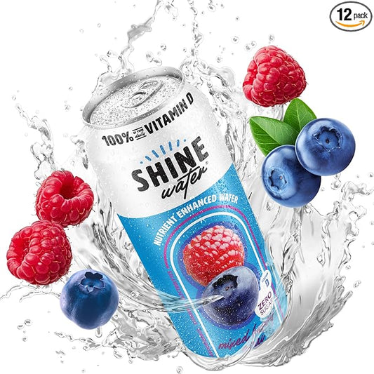 ShineWater Vitamin D Hydration Electrolyte Drink - Flavored water with electrolytes, Sugar-Free, Magnesium, Zinc, Vitamin B12, Folic Acid, Plant-Based, Low Calorie - Mixed Berry Fruit Water 12 Pack